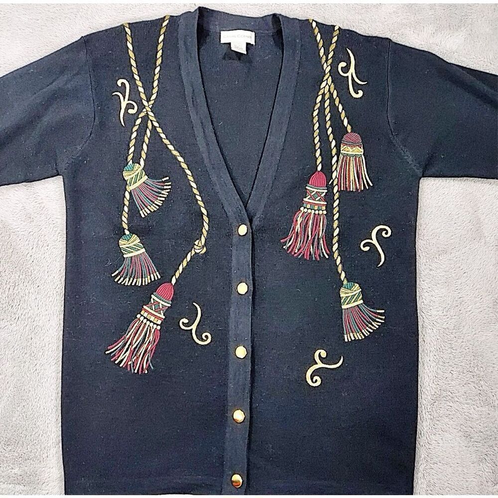 Casual Corner Holiday Embroidered Cardigan Sweater Black Size Large
